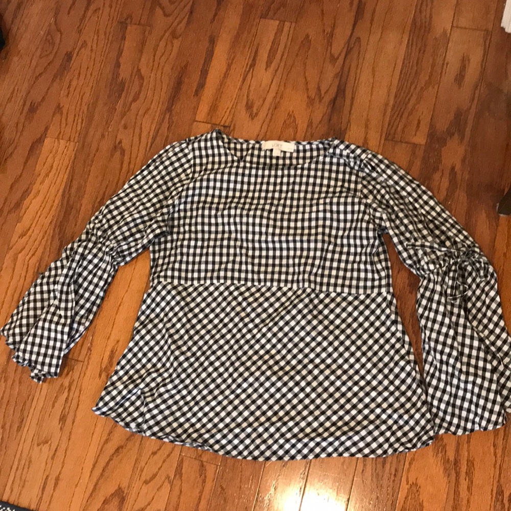 Loft Gingham tie split bell sleeve top